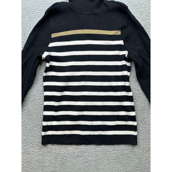 RALPH LAUREN Black White Gold Striped Cotton Logo Ribbed Turtleneck Sweater M - Picture 3 of 6